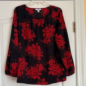 Croft & Barrow Black Blouse with Red Floral Design